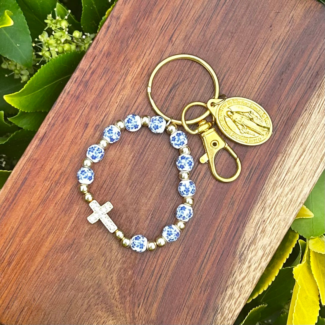 Catholic Floral Bead Rosary Keychain Bag Charm