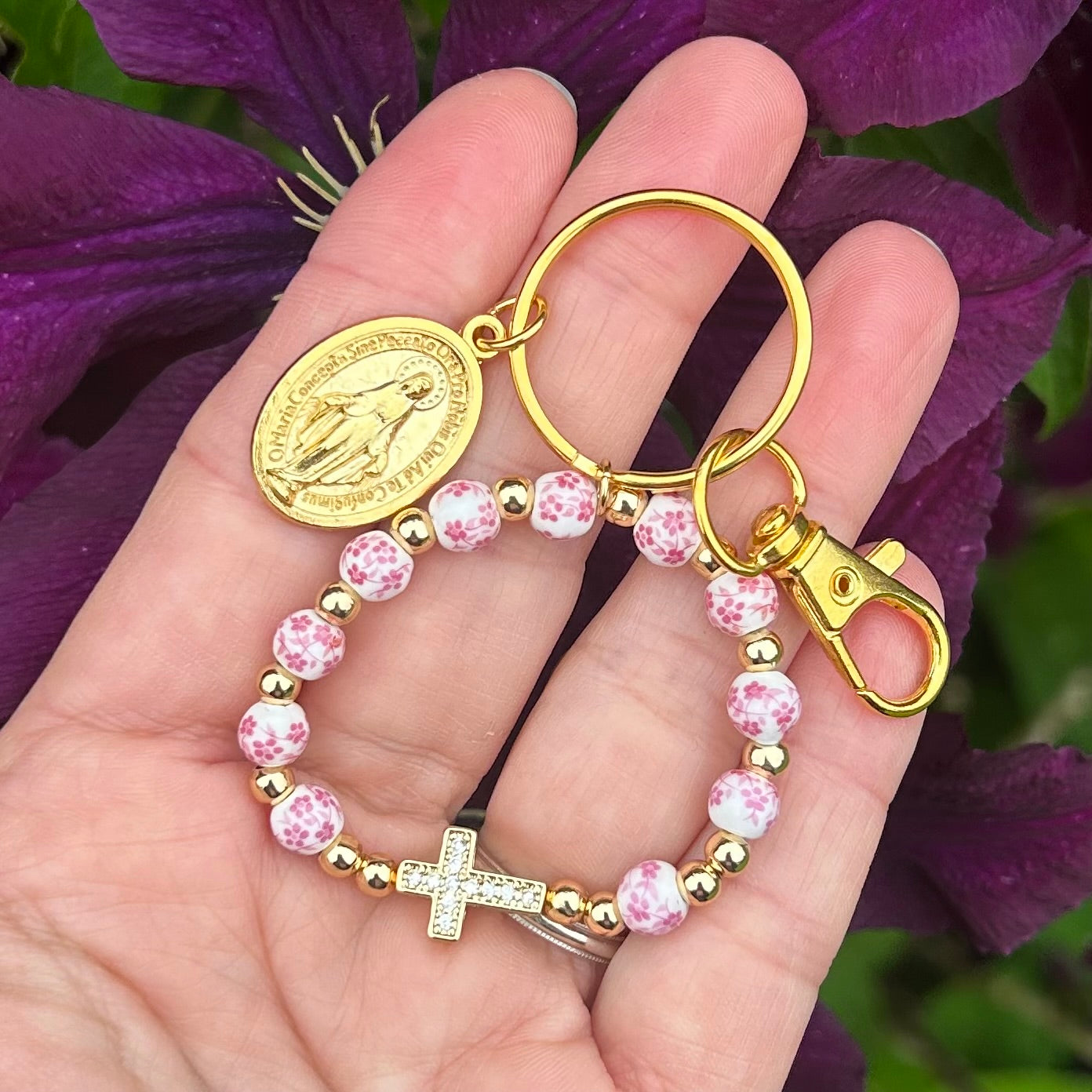 Catholic Floral Bead Rosary Keychain Bag Charm