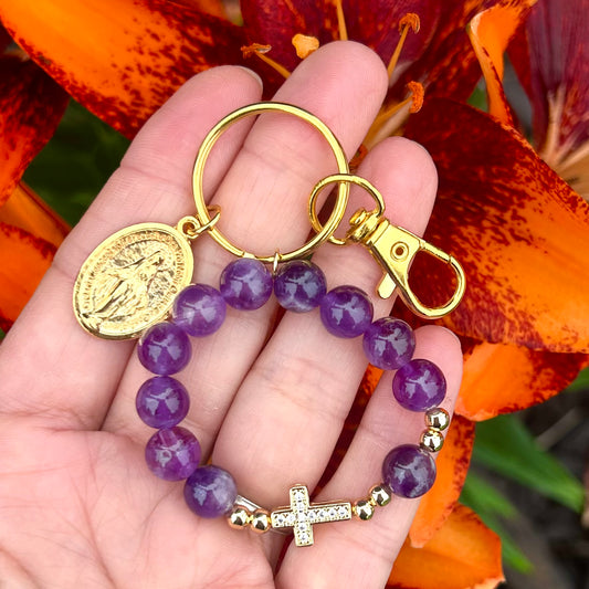 Catholic Gemstone Bead Rosary Keychain Bag Charm
