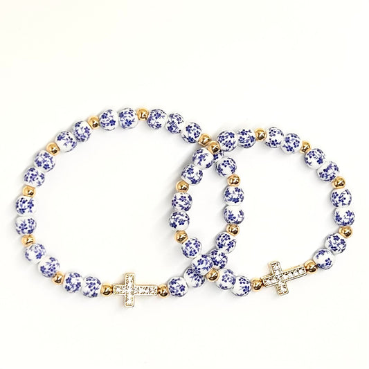 Blue Flower Cross Matching Mother Daughter Bracelet Set