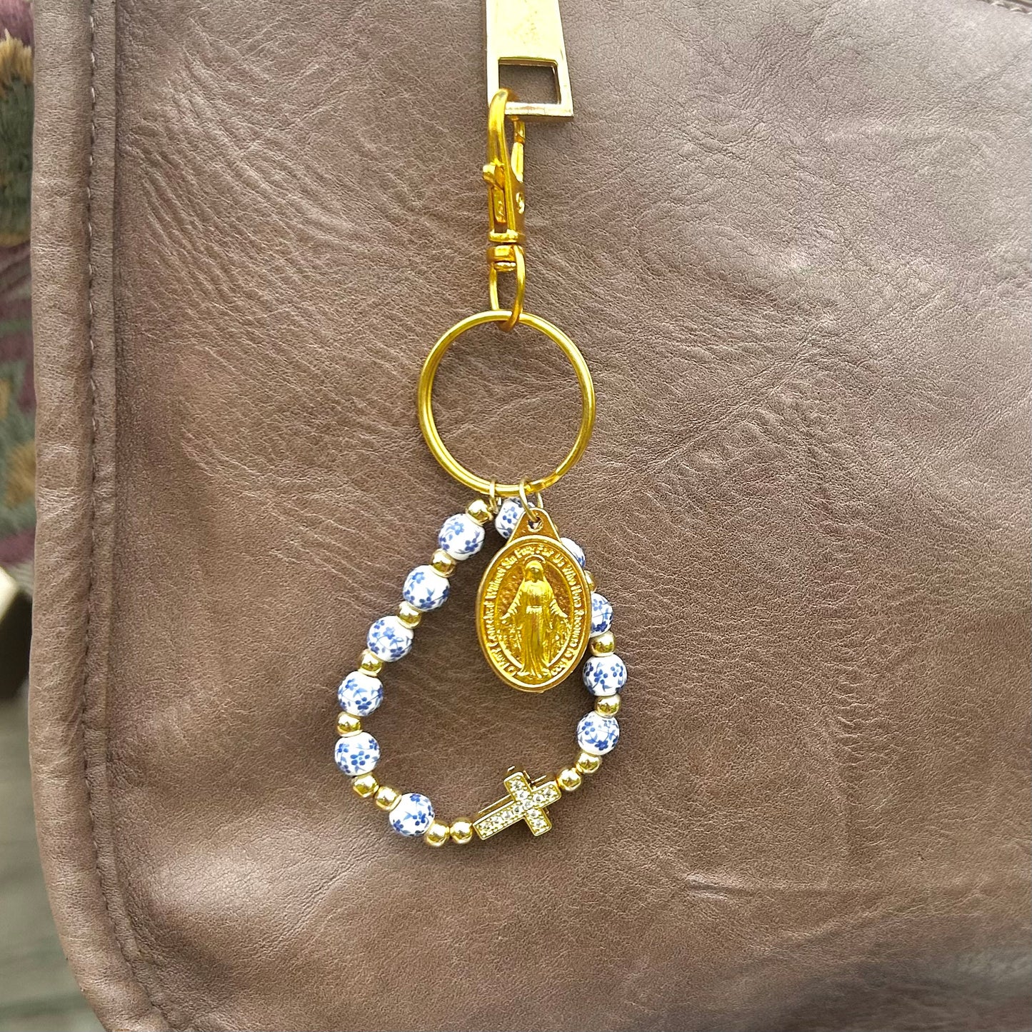 Catholic Gemstone Bead Rosary Keychain Bag Charm