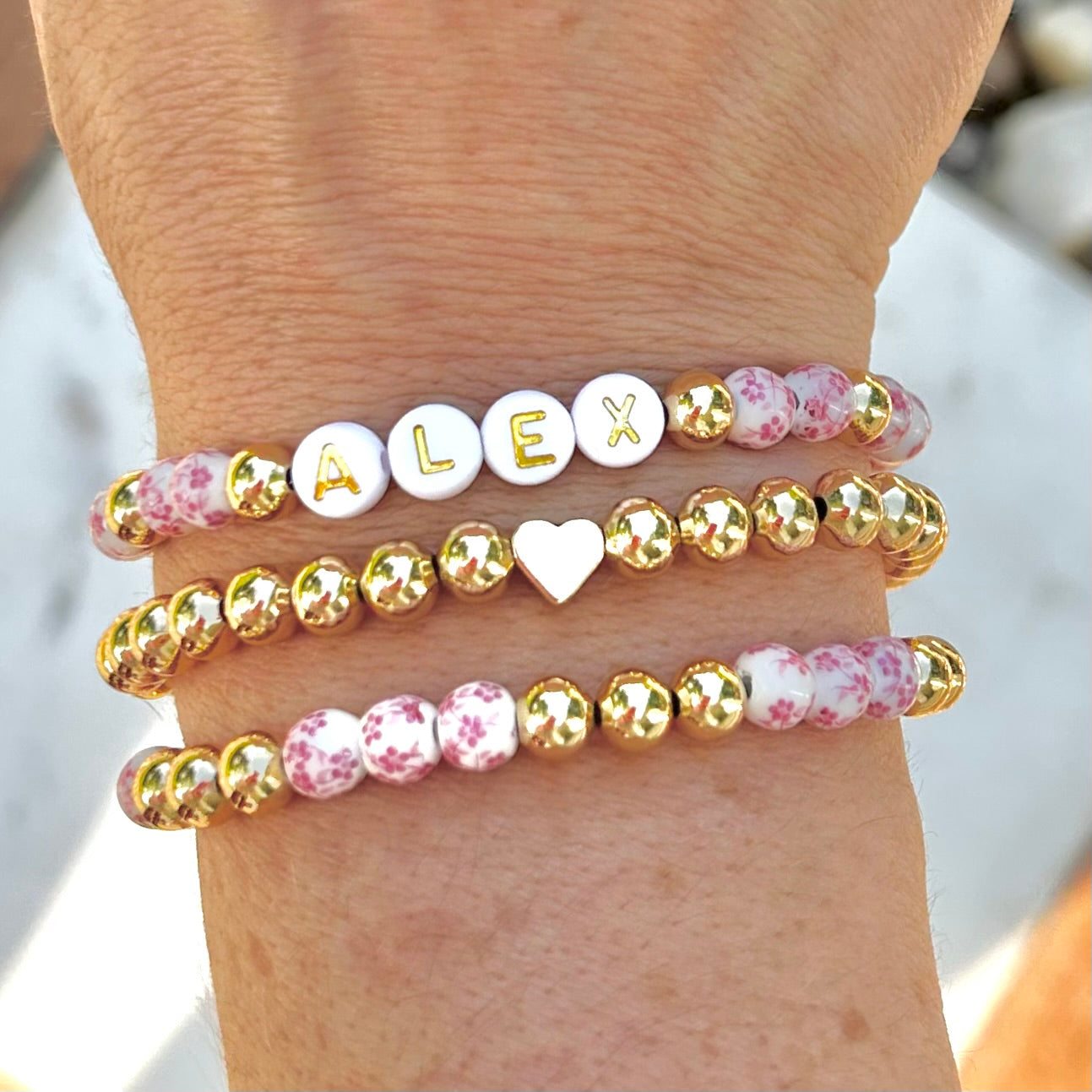 Pink Flower Custom Name Bracelet Stack