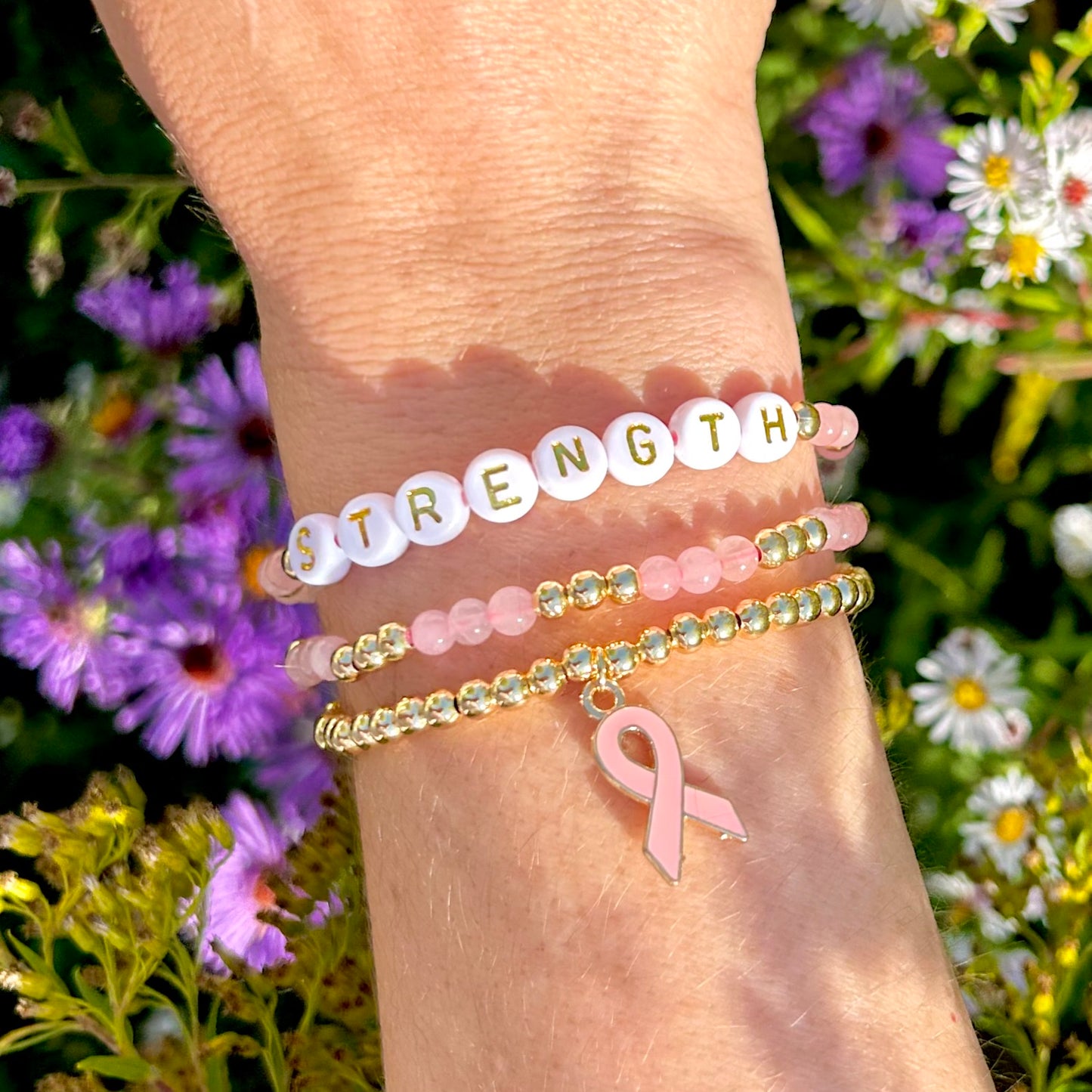 Breast Cancer Awareness Custom Name Bracelet Stack