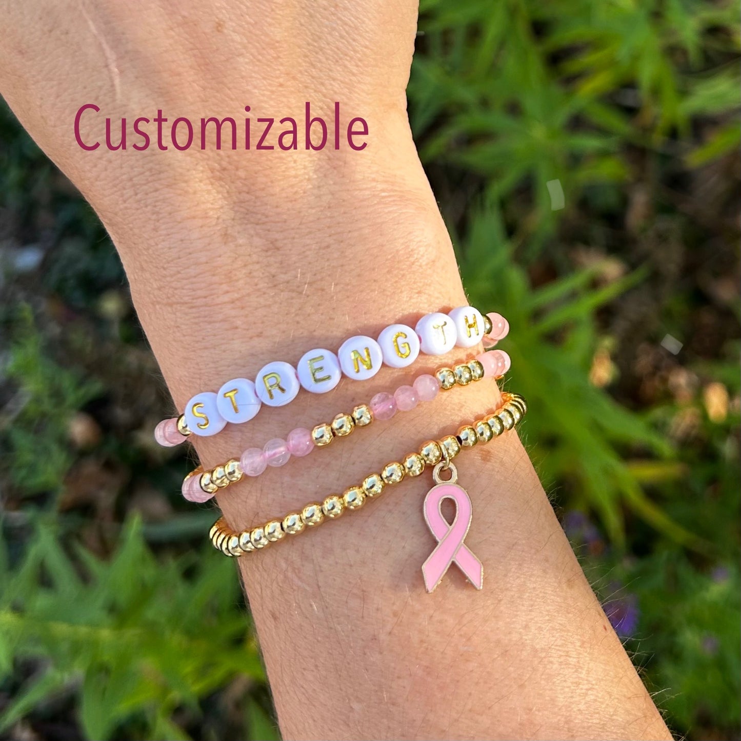 Breast Cancer Awareness Custom Name Bracelet Stack