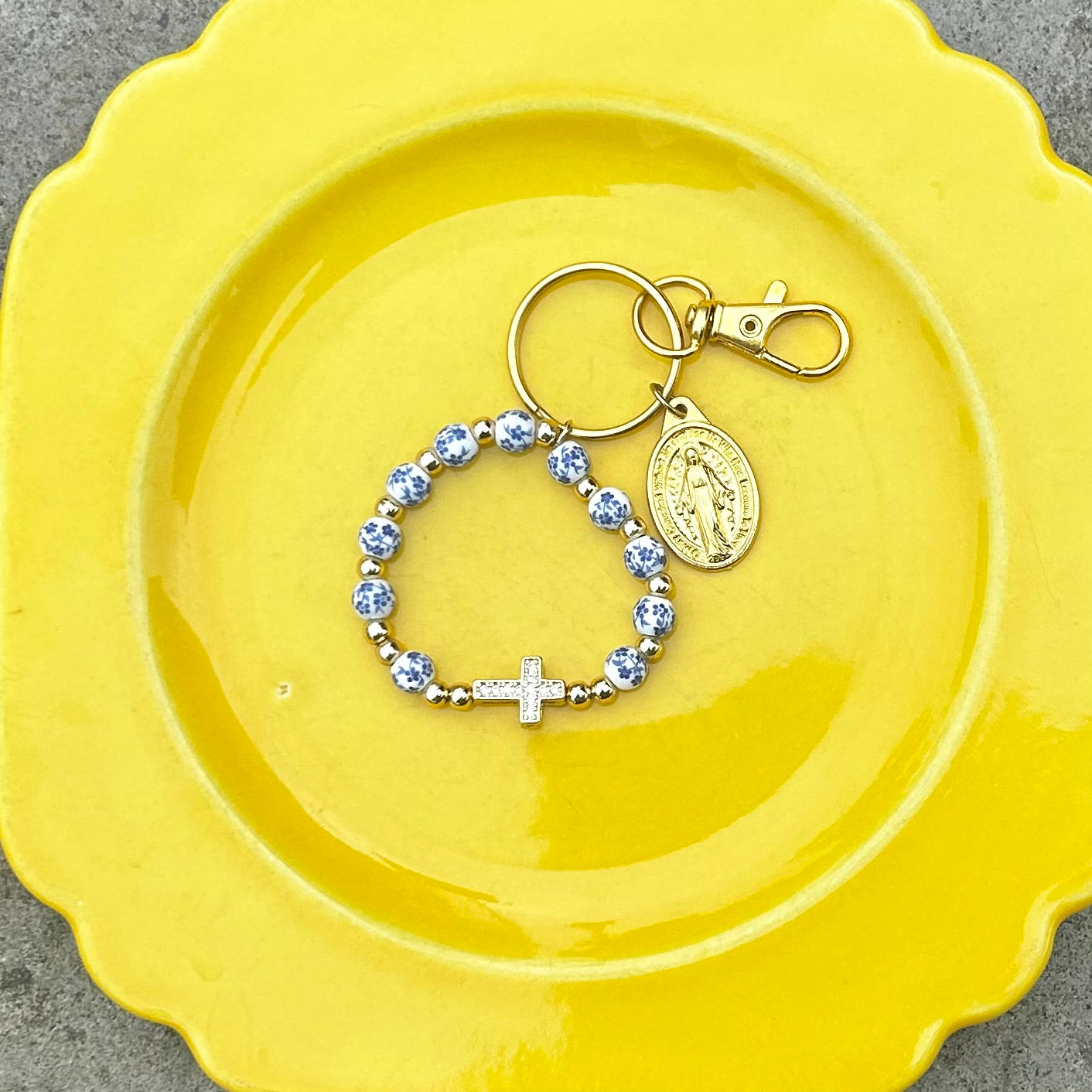 Catholic Floral Bead Rosary Keychain Bag Charm