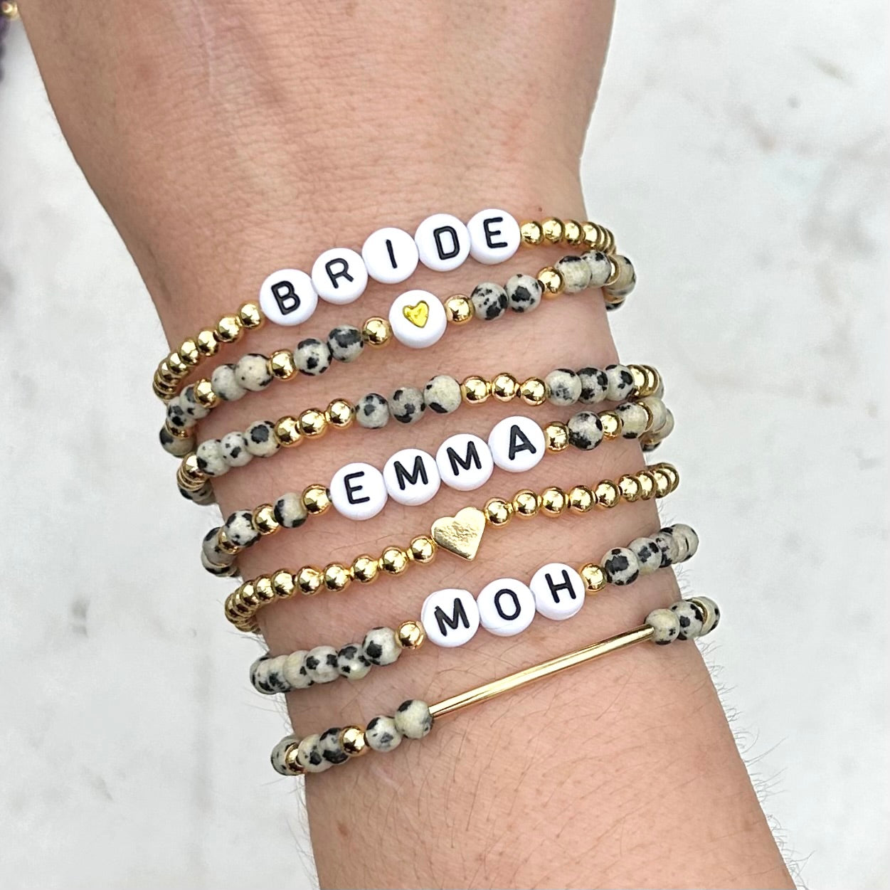 Dalmatian Jasper Custom Bracelet Stack (black letters)