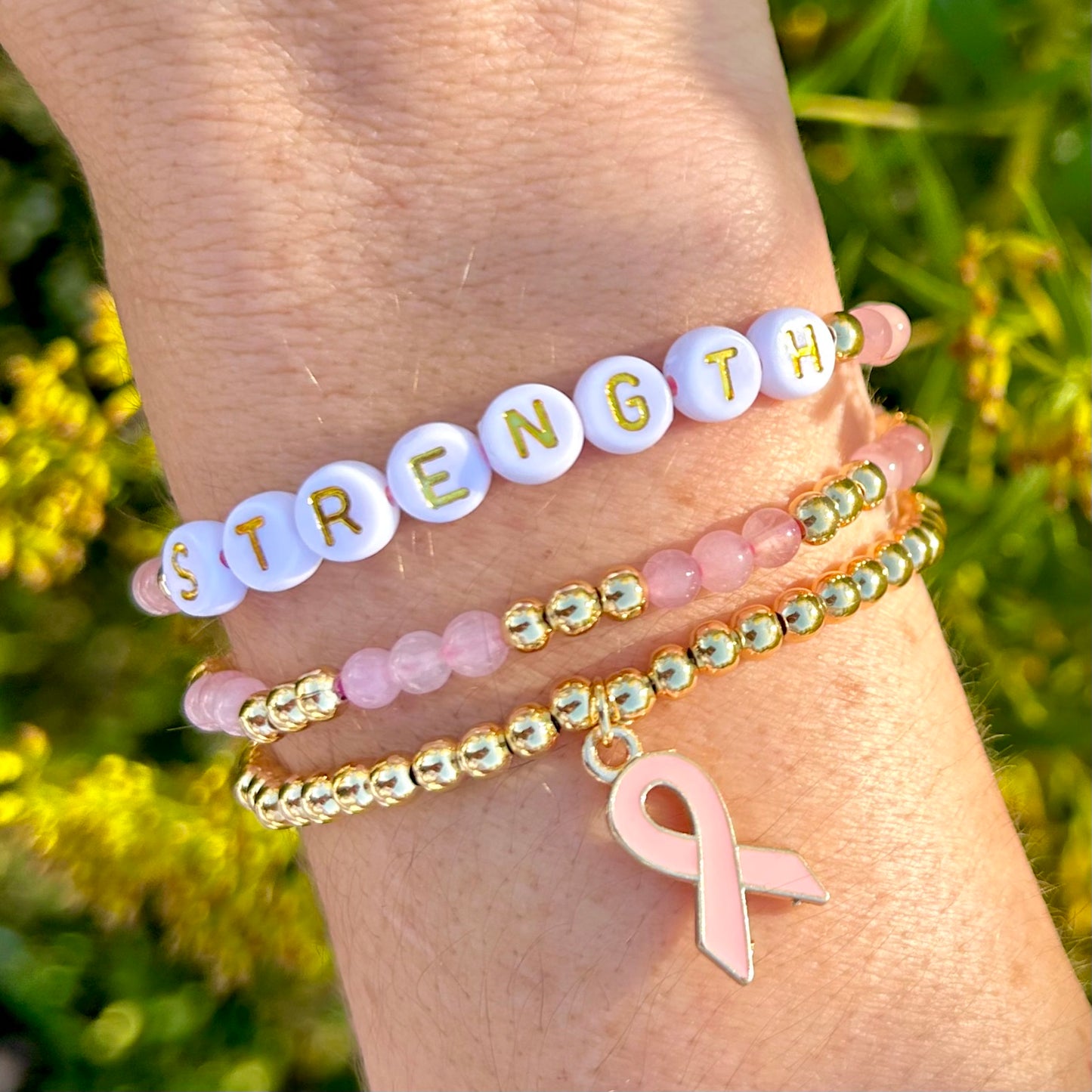 Breast Cancer Awareness Custom Name Bracelet Stack