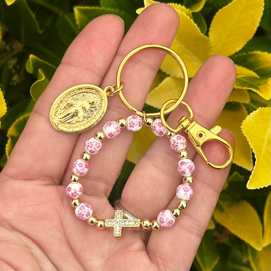 Catholic Floral Bead Rosary Keychain Bag Charm