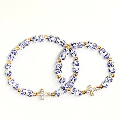 Blue Flower Cross Matching Mother Daughter Bracelet Set