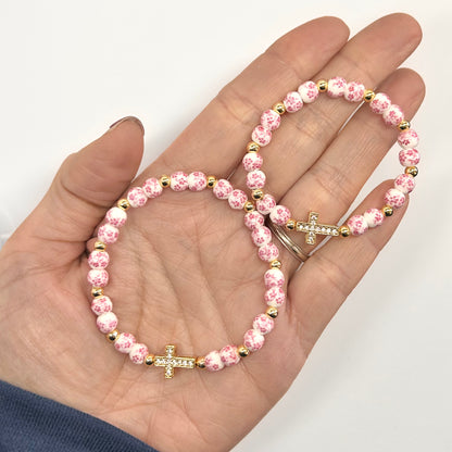 Pink Flower Cross Matching Mother Daughter Bracelet Set