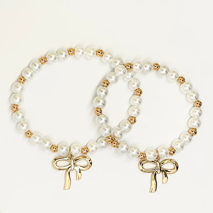 Pearl Bow Mother Daughter Matching Bracelet Set