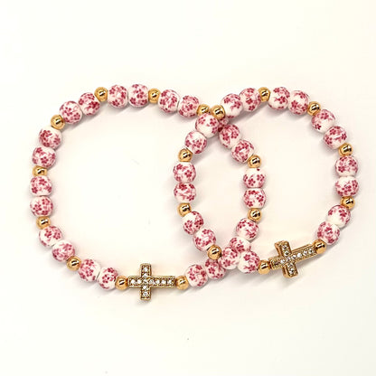 Pink Flower Cross Matching Mother Daughter Bracelet Set