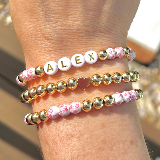 Pink Flower Custom Name Bracelet Stack