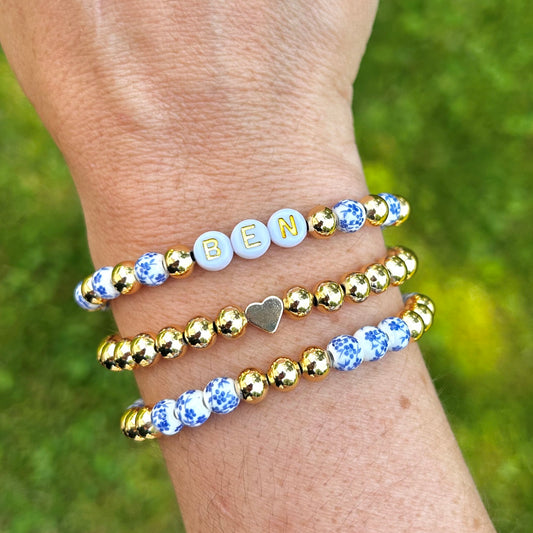 Blue Flower Custom Name Bracelet Stack