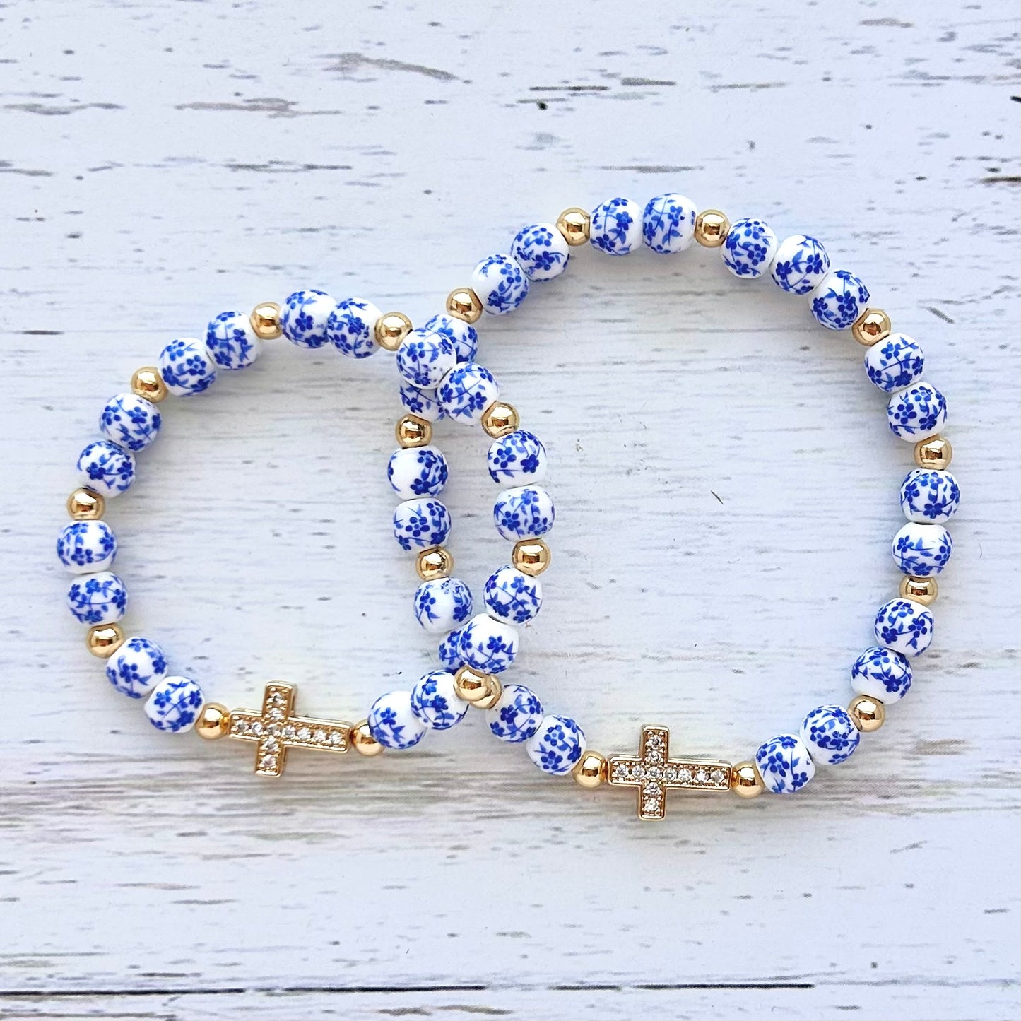 Blue Flower Cross Matching Mother Daughter Bracelet Set