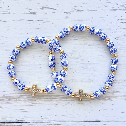 Blue Flower Cross Matching Mother Daughter Bracelet Set - Simply Stated
