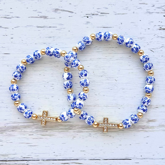 Blue Flower Cross Matching Mother Daughter Bracelet Set