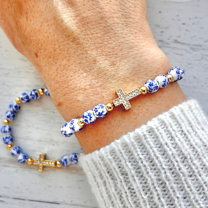 Blue Flower Cross Matching Mother Daughter Bracelet Set - Simply Stated