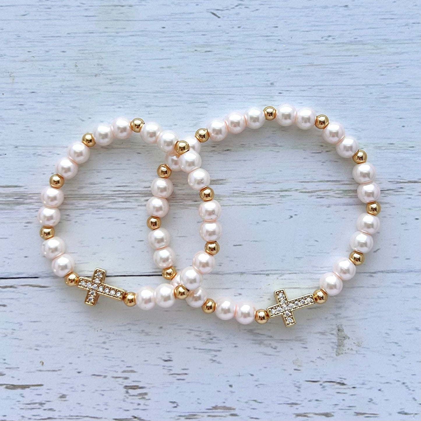 Pearl Cross Mother Daughter Matching Bracelet Set