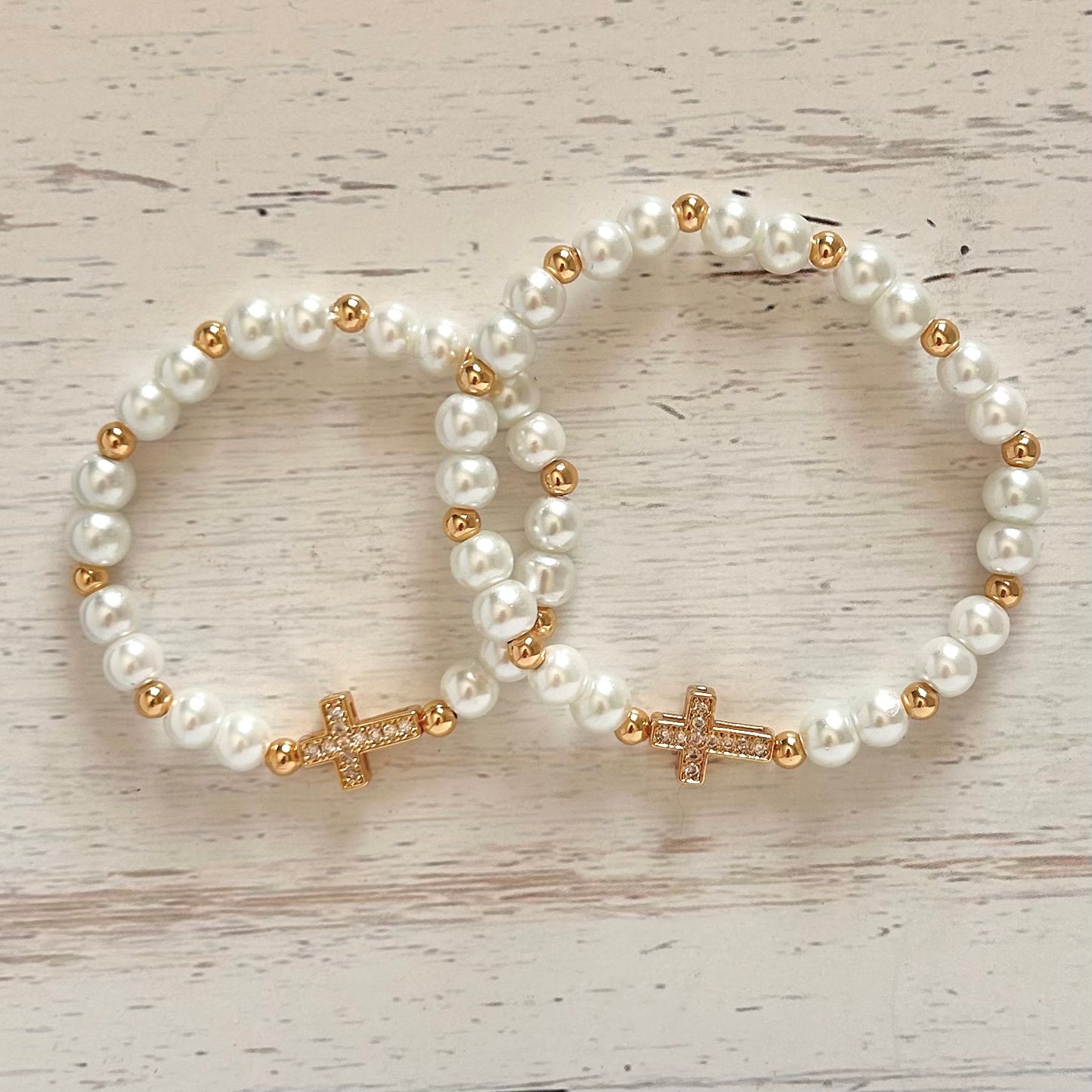 Pearl Cross Mother Daughter Matching Bracelet Set