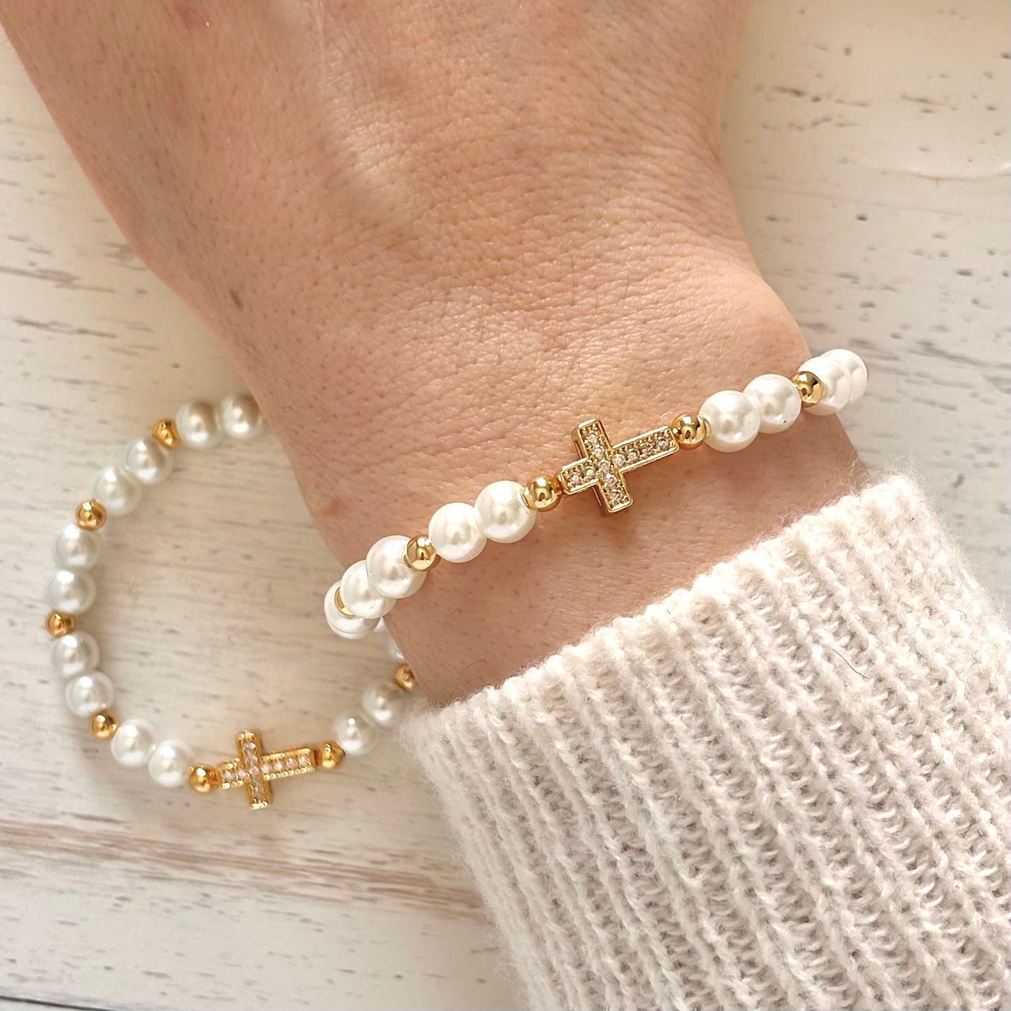 Pearl Cross Mother Daughter Matching Bracelet Set