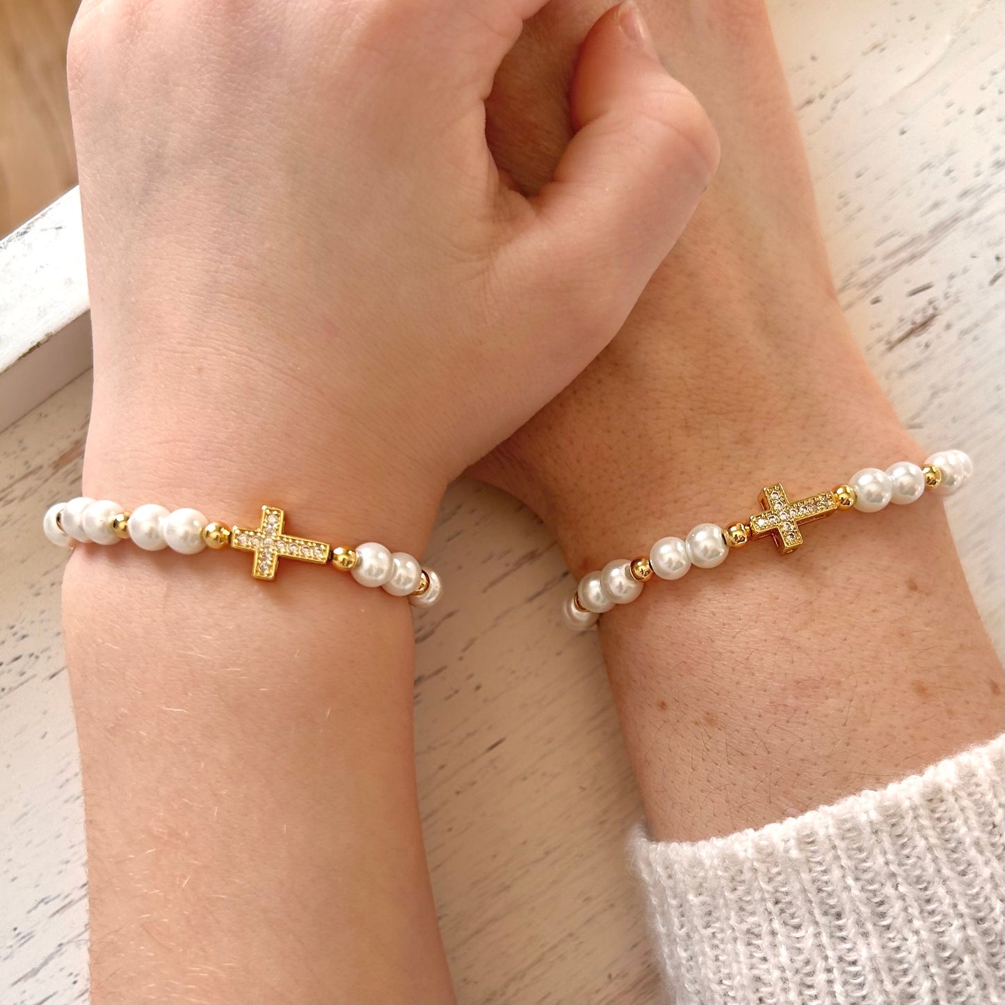 Pearl Cross Mother Daughter Matching Bracelet Set