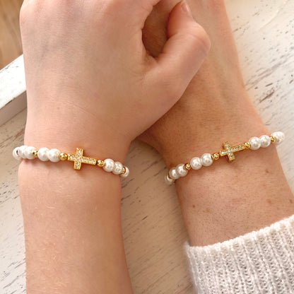 Pearl Cross Mother Daughter Matching Bracelet Set - Simply Stated