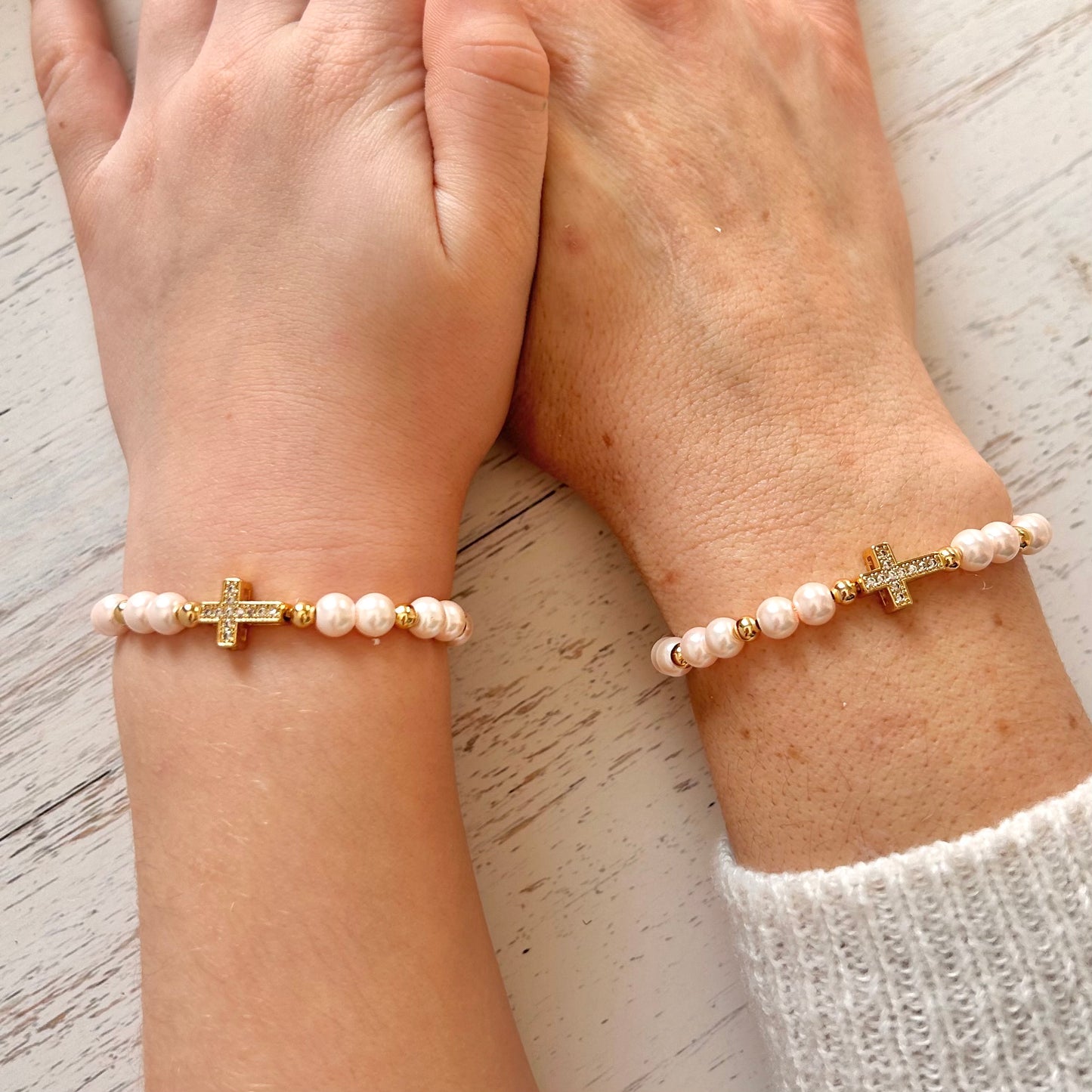 Pearl Cross Mother Daughter Matching Bracelet Set