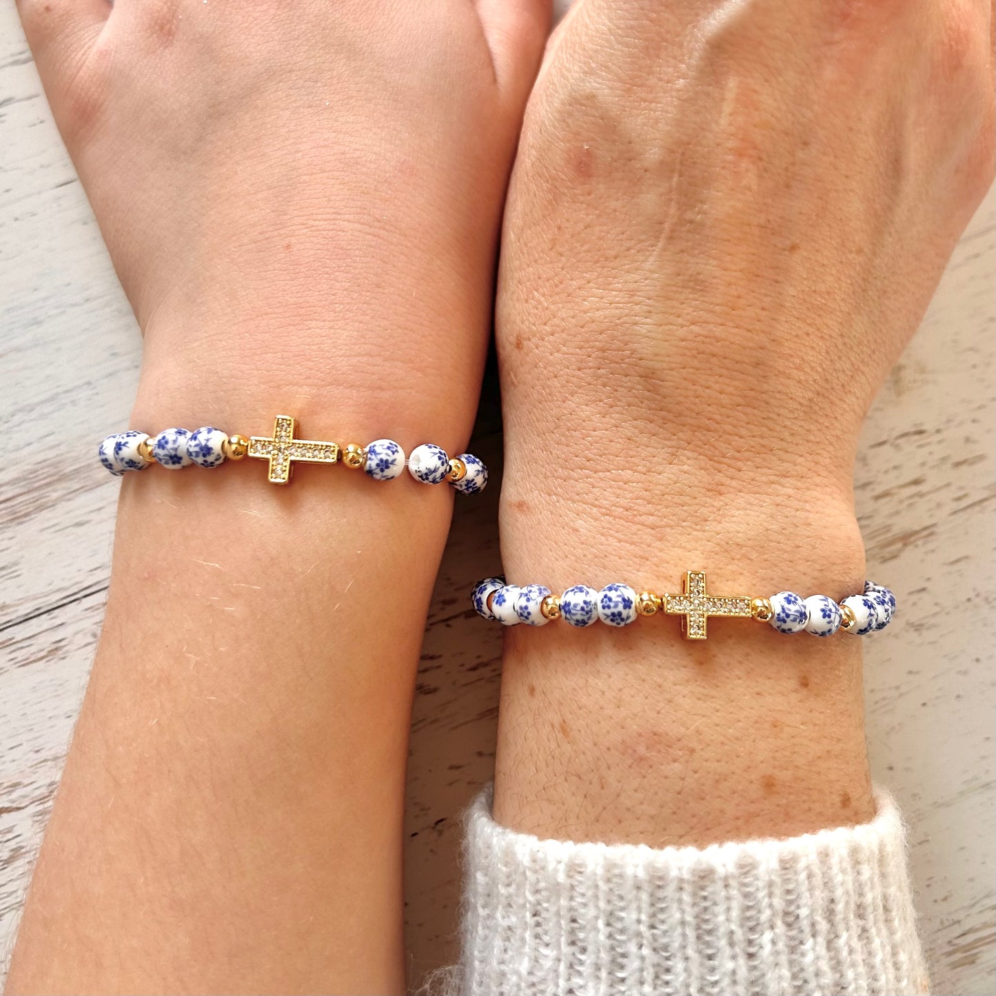 Blue Flower Cross Matching Mother Daughter Bracelet Set