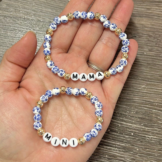 Blue Flower Custom Name Matching Bracelet Set